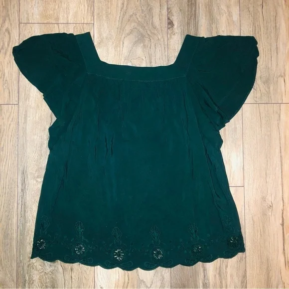 LOFT Dark Emerald Green Ruffle Sleeve Square Neck Embroidered Blouse Top Size S - Picture 9 of 11